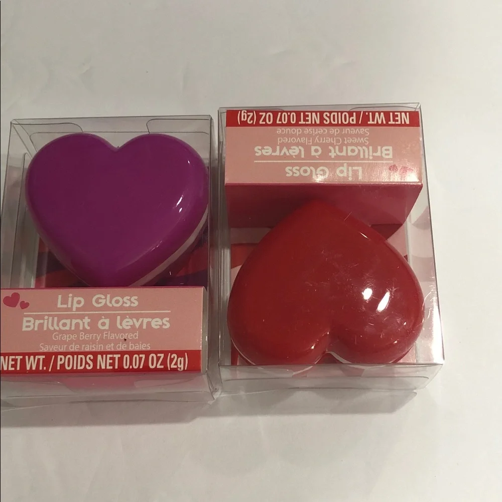 2pack Sweet Cherry and Grape Berry flavored red and purple heart shape lip gloss